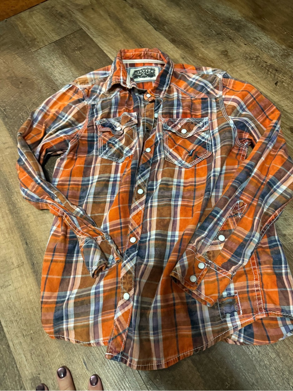 BKE Orange Plaid Button-Down Shirt with Blue Accents
